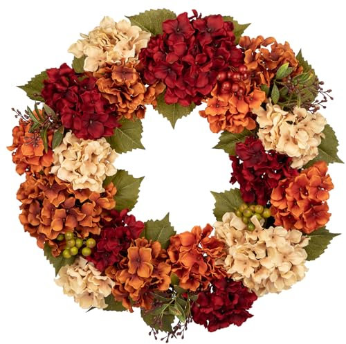 Corona de hortensias artificiales de 24 pulgadas, corona de flores falsas, hortensias artificiales de color rojo naranja para puerta delantera, corona floral para chimenea, cocina, granja, decoración