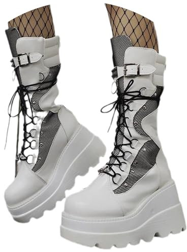 tinetill Stivali Stivali Alti Zeppa Plateau Donna Stivali Stringati Punk Gotico Stivali Invernali Tacco Grosso Vintage Autunno Inverno Tempo Libero Stivali Gambo Lungo