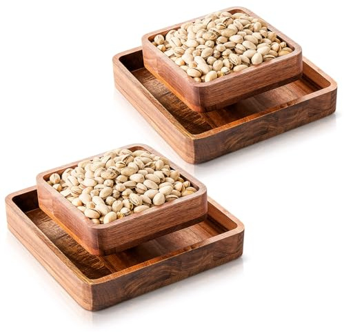 Qinyoung 2 Stück Snackschale mit Muschelaufbewahrung, 2-in-1 Nuss-Schalen, Snack-Schüssel, Doppelschalenhalter, Nussschale aus Holz mit Muschel, Pistazien-Aufbewahrung, Pistazien-Sockel für