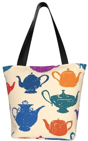 BeNtli Shoulder Bag, Canvas Tote Large Bag Women Casual Handbag Reusable Shopping Bags,Tea Pots Pattern