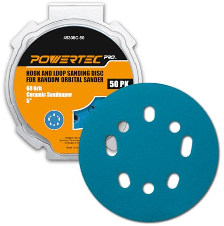 POWERTEC PRO 45306C-50 - Dischi abrasivi in ceramica per levigatrice orbitale a 5 e 8 fori, grana 60, grana 60, 50 pezzi