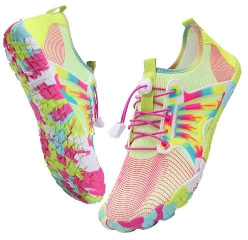 IceUnicorn Barfußschuhe Damen Herren Breite Traillaufschuhe Zehenschuhe Unisex Schwimmschuhe Strandschuhe Aquaschuhe(Gelb Rosa, 37EU)