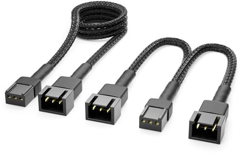 deleyCON Cable de Ventilador de 3 Pines Cable de Extensión de 60 cm + Cable en Y de 15 cm Cable de Nailon Plug & Play para PC Estación de Trabajo Negro