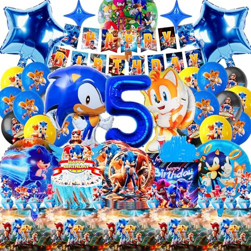SABAN Decoracion Soni Cumpleaños 5 Años, 95 Piezas Kit Vajilla Cumpleaños Soni, 3D Globos Foil Soni para Niños, Alta Calidad Mantele, Banner y Decoración Tartas, Decoracion Fiesta de Niño Tema Bluey
