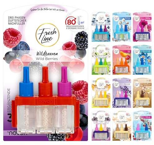 FRESH LINE® Duftstecker Nachfüller 6er Pack (3x7ml) – 3-Phasen-Wechsel – komp. zu 3VOLUTION – Lufterfrischer – 6 Düfte: Wildbeeren, Jasmin Limetten, Aprilfrisch, Goldene Orchidee, Vanille, Orchideen
