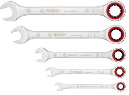Bosch Professional Ratschenschlüssel-Set (5-teilig, Standardgrößen 8–19 mm, Chrom-Vanadium-Stahl, in faltbarer Stofftasche)