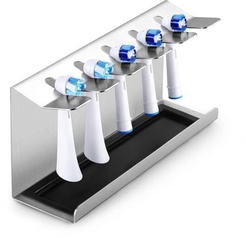 Siegvoll Edelstahl Zahnbürstenhalter für Oral-B, iO, Philips Sonicare, Waterpik, Fairywill, usw. | Aufsteckbürsten Halter mit Auffangschale | Bürstenkopf-Halterung für 5er elektrische Zahnbürstenkopf