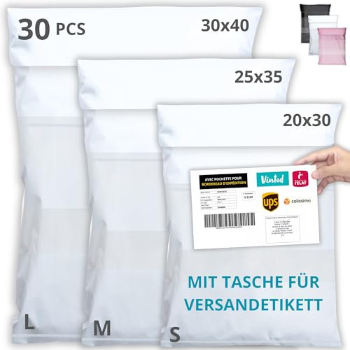EMBALLAX - 30 Versandtaschen MIT TASCHE FÜR VERSANDETIKETT - 3 Größen S/M/L - WIDERSTANDSFÄHIG/WASSERDICHT - Versandtüten für Kleidung - Warensendung Umschlag für Kartons - Versandbeutel - Danke