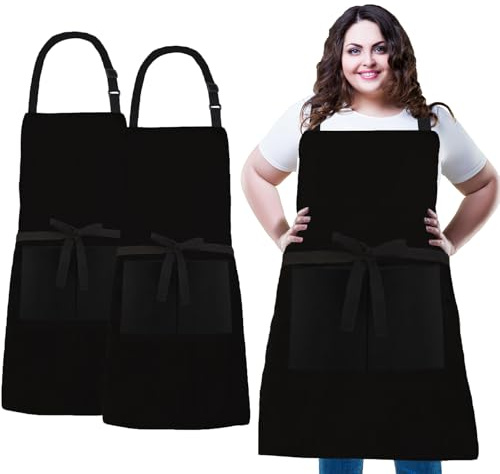 XIEJINJIA Plus Size 2 Pack Adjustable Water Resistant Long Ties Bib Apron with 2 Pockets Thick Canvas Cooking Kitchen Extra Wide Chef Aprons for Women Men