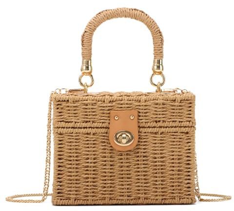 LHHMZ Women Handwoven Rattan Square Tote Straw Basket Bag Ladies Summer Beach Bag Wicker Shoulder Bag