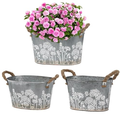JUJOYBD Vintage Blumentöpfe Set Outdoor, 3-teilig, Pflanzenkübel aus Verzinktes Metall mit Seilgriffen, Blumeneimer Kräutertopf für Küche, Balkon & Garten,19/22,5/26 cm