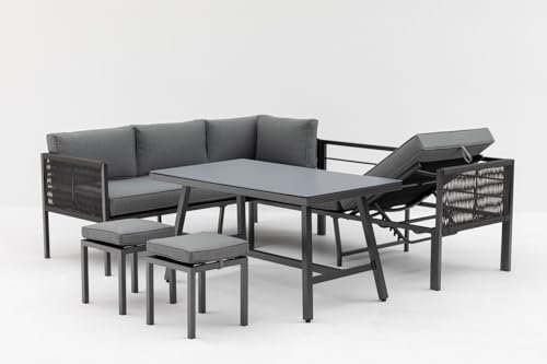 Gardissimo Aruba Dining Lounge 3 in 1 flexibel stellbar mit Ecksofa - Kopfteil verstellbar - Esstisch, 2 Hocker & Kissen - wetterfest bis 9 Personen - Bezüge waschbar - Aluminium Gartenlounge