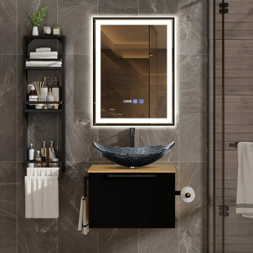ZealWe Badmöbel Set 3 TLG Waschbecken mit Unterschrank 60 cm, Waschbeckenunterschrank mit Wandregal Waschtish 56 cm, Badezimmerschrank mit Handtuchhalter für kleine Gäste WC Waschplatz, Modern Sliber
