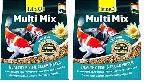 Tetra Pond Multi Mix - Fischfutter für gemischten Besatz im Teich, enthält Vier verschiedenen Futtersorten (Flockenfutter, Futtersticks, Gammarus, Wafer), 4 L Beutel (Packung mit 2)