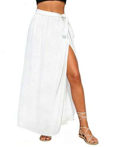 JAONLD Pareo Damen Strand Lang, Länge 100cm/Taille 76cm Sarong Tuch Damen, Strandtuch zum Umbinden, Langer Rock mit Schlitz, Verstellbare Taille für Strände, Schwimmbäder und Partys (Weiß)