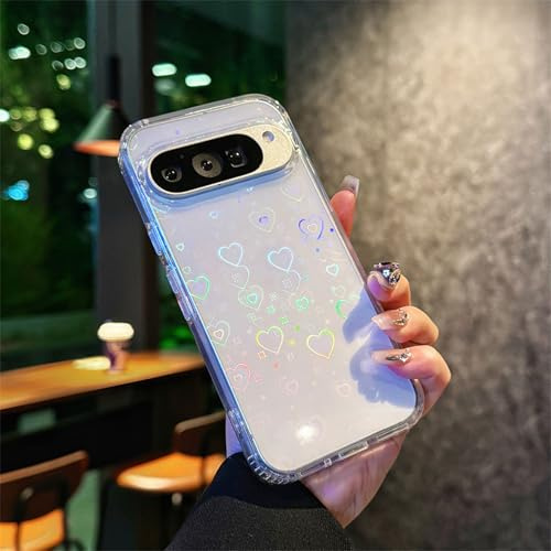 Emlivi Glitzer Hülle Kompatibel mit Google Pixel 9A, Transparent Flash Aesthetic Herz Muster Handyhülle Farbverlauf Liebes Klar Case Cover Glatt Weich TPU Stoßfest Schutzhülle für Pixel 9A, Liebe