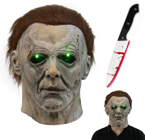 Efymosce Michael Myers Maske, Halloween Latex Masken mit LED Licht Augen leuchten, Horror Cosplay Kostüm Zubehör