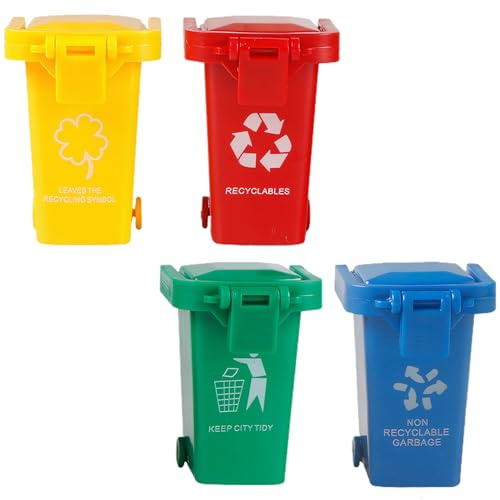 Lawnrden Toy Trash Cans, 4PCS/Set Mini Garbage Can Bright Color Garbage Sorting Game Toy Cans Interacive Learning Trash Safety Mini Recycling Bin for Children Gifts