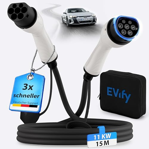 EVify Typ 2 Ladekabel 11kW 15M 16A für Elektroauto & Hybrid inkl. Kabeltasche • Kabel 3 phasig für EV PHEV • geeignet für alle E Autos Modell 3 S X Y, ID3, ID4, ID5