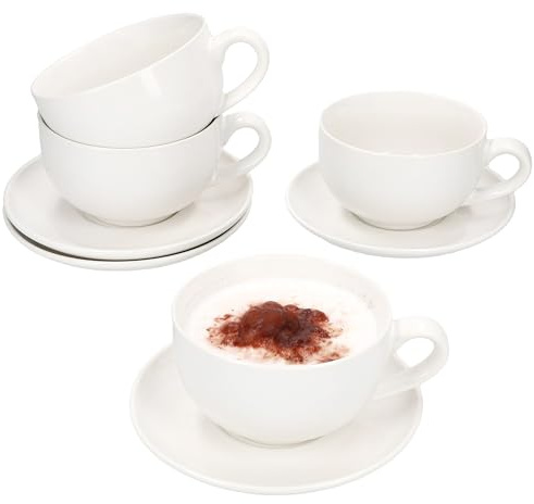 MamboCat 4er Set CREME Cappuccinotassen mit Untertassen I 4x bauchige Becher 200ml & 4x Untertassen aus Steingut für 4 Personen I Cremeweiß I schlichtes Tassen Set für Frühstück & Kaffeezeit