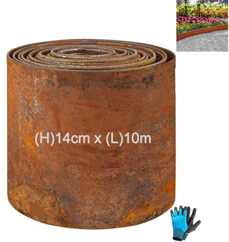 Bordo Per Prato In Acciaio Corten, 10m(L) X14cm(H) Bordatura Per Aiuole In Metallo, Bordo per Aiuole Con Ruggine, Facile da Montare, Bordo per Aiuole, Sentieri da Giardino, Con 1 Paio di Guanti