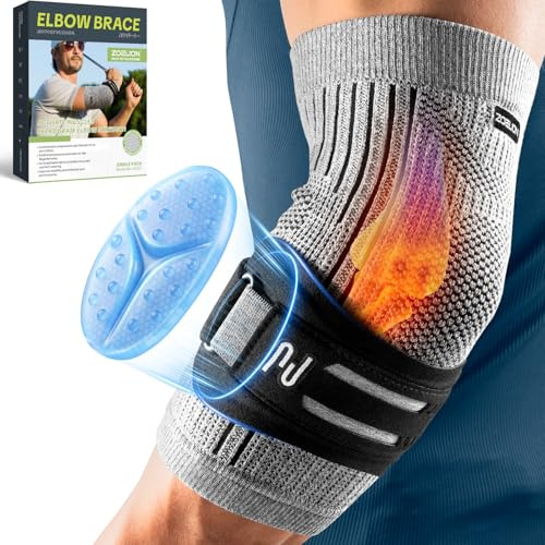 ZOELION Dual-Stütze Ellenbogenbandage mit gezieltem Silikon-Strap & Gel-Pad, Tennisarm Bandage, Ellenbogen Bandagen Herren Damen für Tennisarm, Golferarm, Sehnenentzündung, Sport (Grau, L)