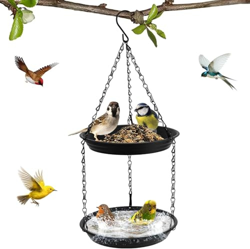 Hysagtek Vogeltränke Hängend - Vogelfutterspender Zweistufige Ausführung, Kunststoff Hängendes Vogelbad, Vogelfutterhaus für Outdoor Garten (Sechseckig)