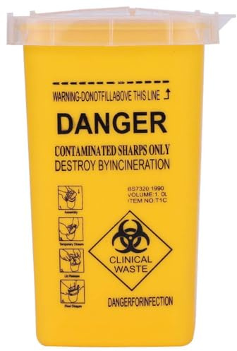 Rayakt Sharps Bin Sharps Box for Needles, Container Trash Bin with Safe Lock, 1L Sharps Travel Sharps Portable Tattoo Supplies (Yellow One)