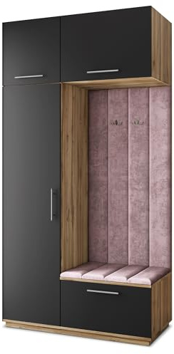 Masseno Flugarderoben Set Rema, Kleiderschrank-Set mit Sitzbank, Garderobenschrank Flur mit 5 Regalböden, Eiche Wotan/Schwarz