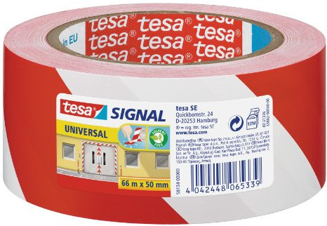 tesa Signal Markierungsklebeband UNIVERSAL - selbstklebendes Warnband zur permanenten Markierung und Kennzeichnung von Gefahrenzonen - aus robustem PP - 66 m x 50 mm - Rot/Weiß