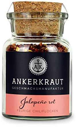 Ankerkraut Rote Jalapeño, Rotes Scharfes Chili Gewürz, geschrotete Chilis, Rauchiges Aroma, Scharf Essen, Feurige Flocken zum Würzen, 55g im Korkenglas