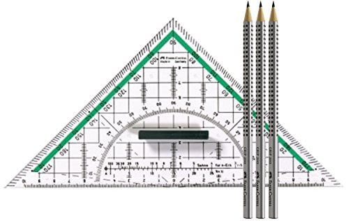 Faber-Castell 177090 - Zeichendreieck groß, mit Griff (1, Inkl. 3 Bleistifte [HB] silber)