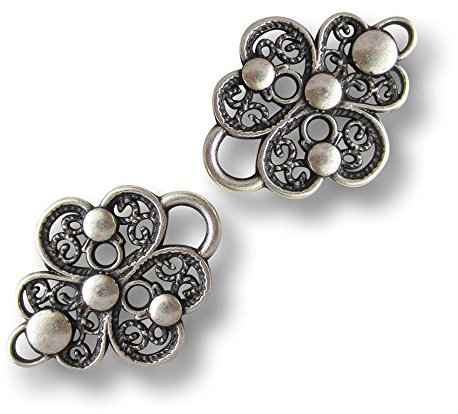 Knopfparadies - 4er Set (2 Paar) besondere Metall Miederösen wie Klee mit drei herzförmigen Blättern, filigranem Durchbruchmuster und Ziernieten / altsilberfarben, teilweise geschwärzt / Metall Ösen / Ø ca. 21x27mm