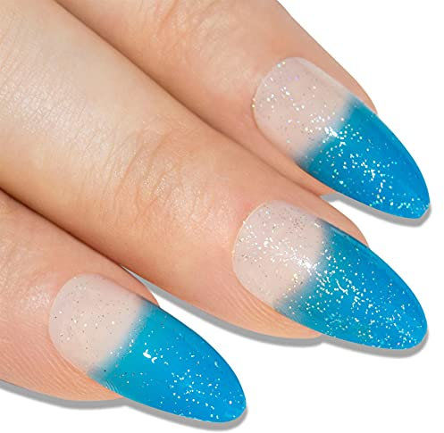 Falsche Nägel Bling Art Blau Gelnägel Stilett Mandel 24 Kunstnägel Lange Tipps mit Kleber