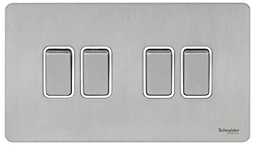 Schneider Electric GU1442WSS Ultimate Screwless Flat Plate, Stainless Steel with White Insert, 4 Gang Rocker, 2 Way Light Switch, Single Pole, 16 AX