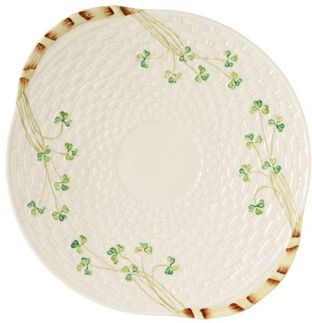 Belleek Classic Handcrafted Shamrock Bread Plate, 11.25-Inch, White Fine Parian China, Hand Painted Basket Weave Decor