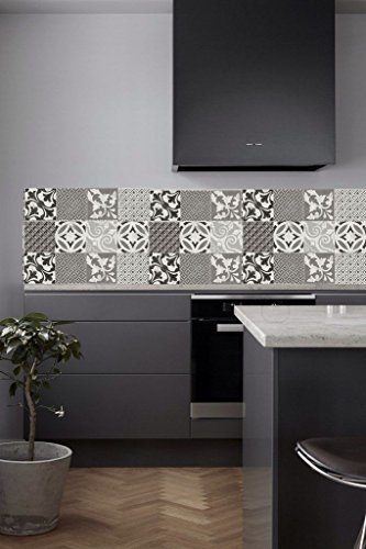 Vinyle crédence de cuisine fortement adhésive / contre marche d'escalier et revêtement mural adhésifs / dimensions & motifs au choix / Carreaux de ciments adhésifs (Provence black & white, 20x400cm)