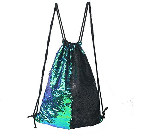 ITODA Rucksack für Damen Mädchen Kordelzugbeutel mit Wenden Pailletten Meerjungfrau Taschen Glitzer Schultertasche für Outdoor Sport Alltagslebebn Reise Schule Reisetasche Beutel Grün/Blau/Schwarz