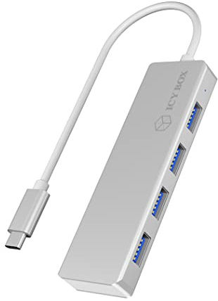 ICY BOX Hub USB-C de 4 Puertos con 4 Puertos USB 3.0, Puerto USB 3.0, Aluminio, Cable Integrado, Color Plateado y Blanco
