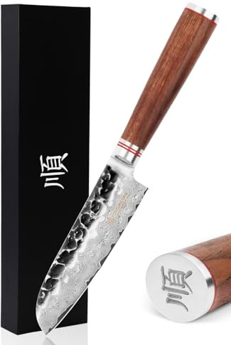 YOUSUNLONG Couteaux Santoku - Couteau de Chef Japonais Damas VG10 Super Steel - Lame aiguisée de 120mm- Manche ergonomique en bois de noyer - Couteau asiatique