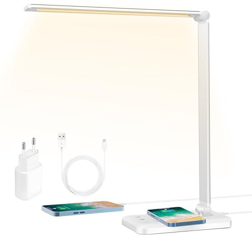 Wilktop LED Schreibtischlampe Tischleuchte mit Ladestation,Dimmbar Tischlampe 6W Wireless Laden und USB-Ladeanschluss Augenschutz,Touchfeldbedienung Tischleuchte für Leser,Kinder (Silber Weiss)