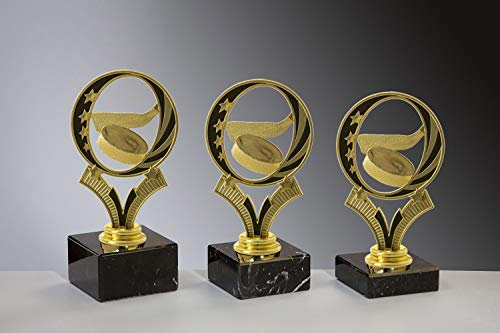 Henecka 🏒 Eishockey Pokal Eishockey Trophäe, Schraubfigur Puck & Hockeyschläger schwarz-Gold, Marmorsockel schwarz, mit Wunschgravur, wählbar in 3 Größen oder als 3er-Serie (Sockel 65 x 30 mm)