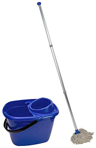 Abbey Professional Mop and Bucket Set Heavy Duty with Wringer and Two Traditional Cotton Mop Heads for Cleaning Floors – Strong Aluminum Mop Handles – Mop Bucket Capacity 12L with Pouring Lip (Blue)