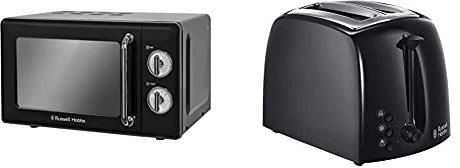 Russell Hobbs RHRETMM705B 17 L 700 W Black Compact Retro Solo Manual Microwave with 5 Power Levels, Timer, Defrost Setting, Easy Clean & 21641 Textures 2-Slice Toaster, 700-850 W, Black