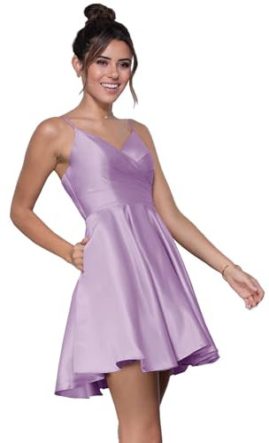 HSFIYAKJ V Neck Homecoming Dresses Short Spaghetti Strap Satin Prom Dress with Pockets, Lilac, 6