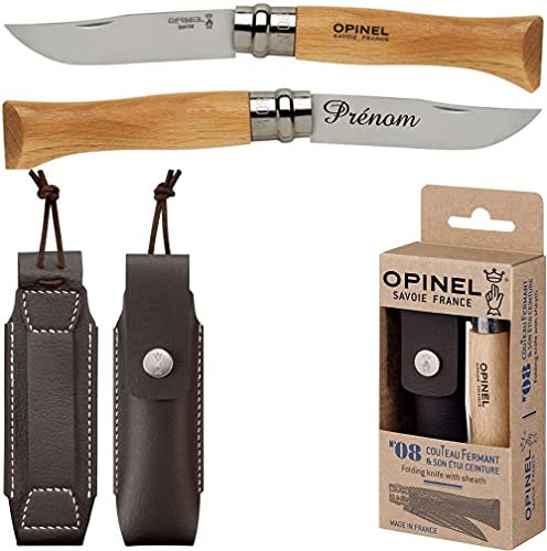 Couteau personnalisé avec prénom gravé - Cadeau pour homme : fête des pères, papa, tonton, grands pères (papi, papy) anniversaire, noël (Couteau avec pochette cuir)
