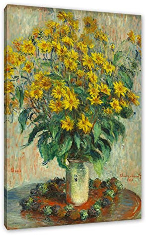 Claude Monet - Topinambur Blumen als Leinwandbild / Größe: 60x40 cm / Wandbild / Kunstdruck / fertig bespannt, Weiß