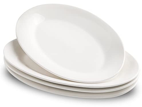 UIBFCWN 4 x Ovale Assiettes Plates, Plateaux de Service en Céramique Blancs, Assiettes Service de Table, pour Viande, Apéritif, Collation, Dessert, Sushi, Salade, Pâtes, 25 x 16,3 cm