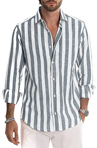 Meilicloth Herren Hemd Langarm Sommer Gestreifte Freizeithemden Casual mit Knöpfen Regular Fit Hellgrau Weiß L