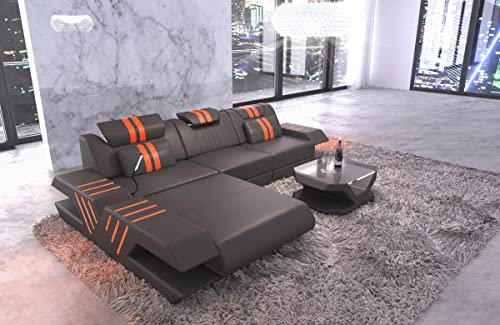 Ledersofa Venedig L Form Sofa Ecksofa in Leder - mit LED Beleuchtung, verstellbare Kopfstützen, Recamiere/Lederfarben wählbar/Ausrichtung wählbar (Ottomane Links, Grau-Orange)